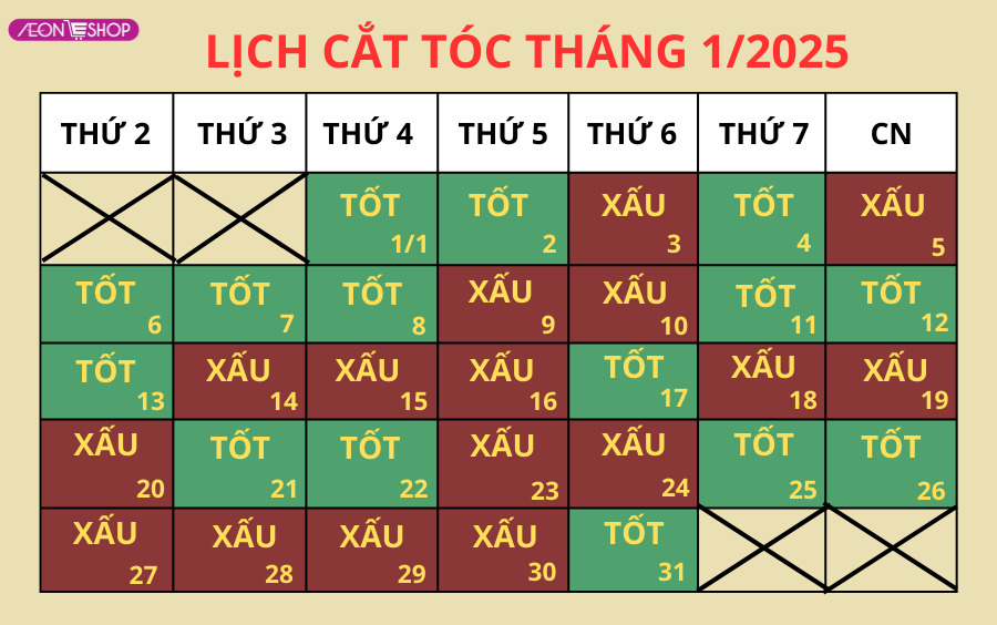 Lịch cắt tóc tháng 1/2025