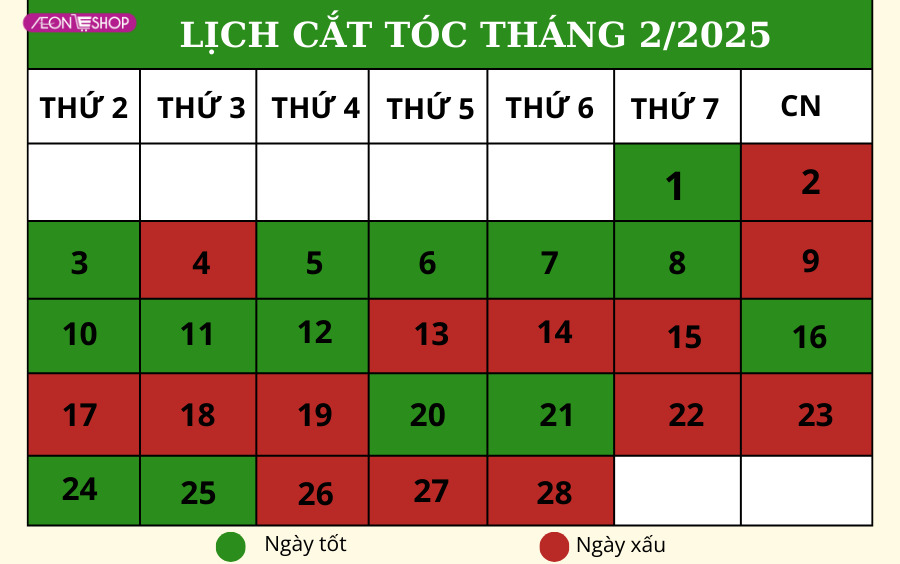 Lịch cắt tóc tháng 2