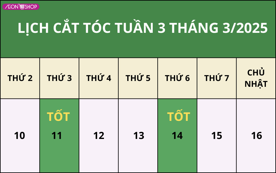 Lịch cắt tóc tuần 3 tháng 3/2025