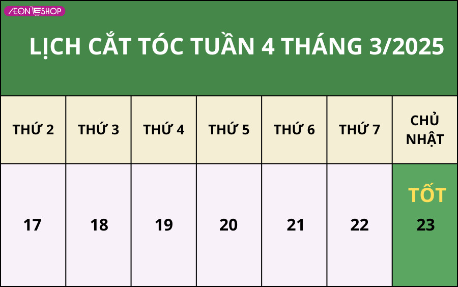 Lịch cắt tóc tuần 4 tháng 3/2025