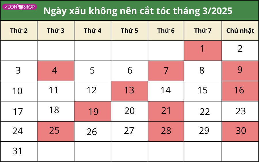 Lịch cắt tóc tháng 3/2025