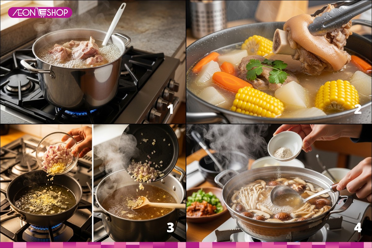Chế biến nước dùng lẩu gà nấm