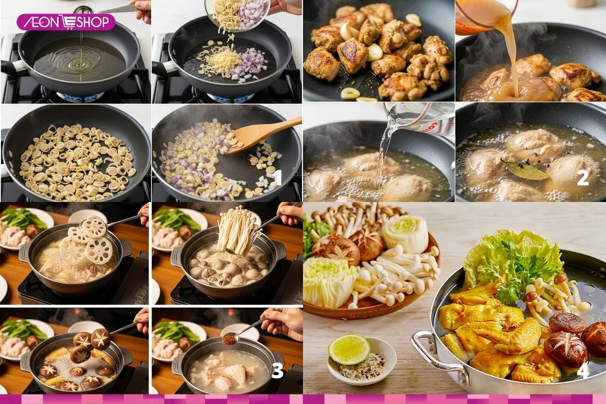 Các bước nấu lẩu gà nấm chua cay 