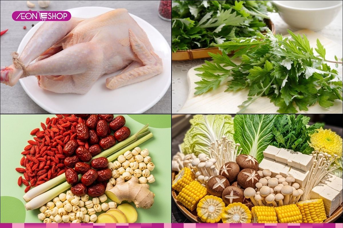 Nguyên liệu nấu lẩu gà ngải cứu