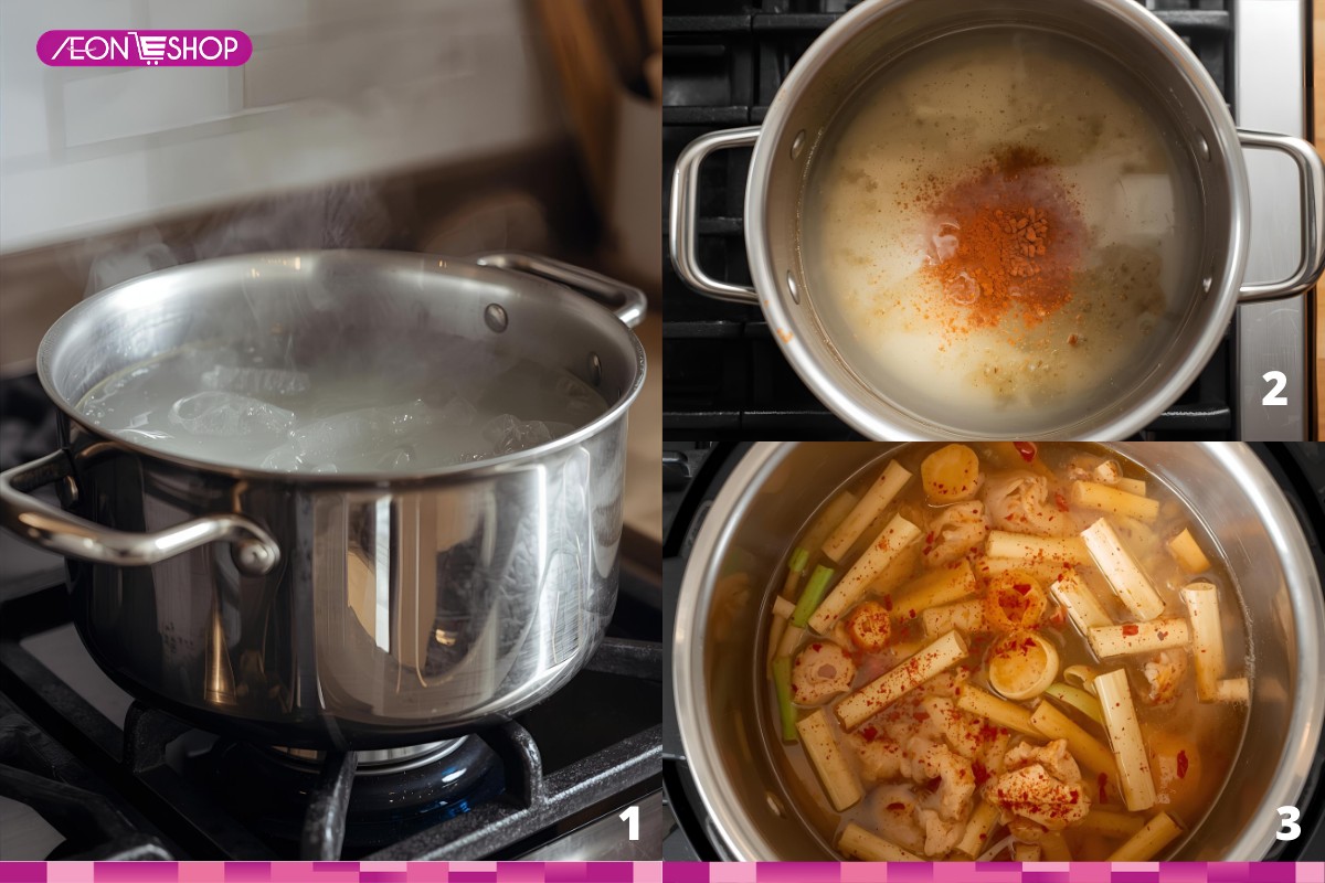 Nấu nước lẩu gà măng cay 