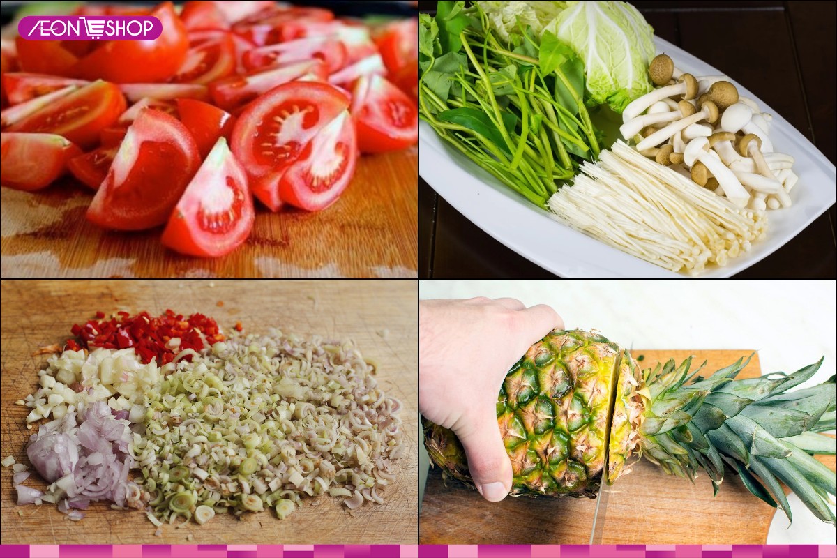 Sơ chế thơm, cà chua, rau