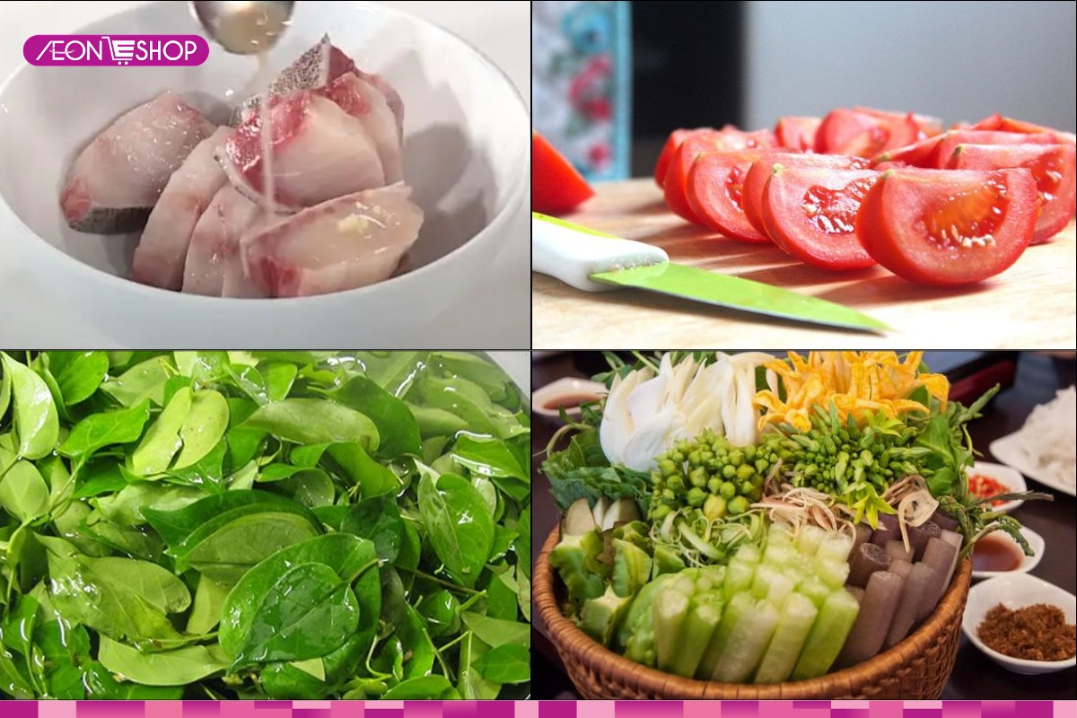 Sơ chế cá bớp, lá giang, rau củ